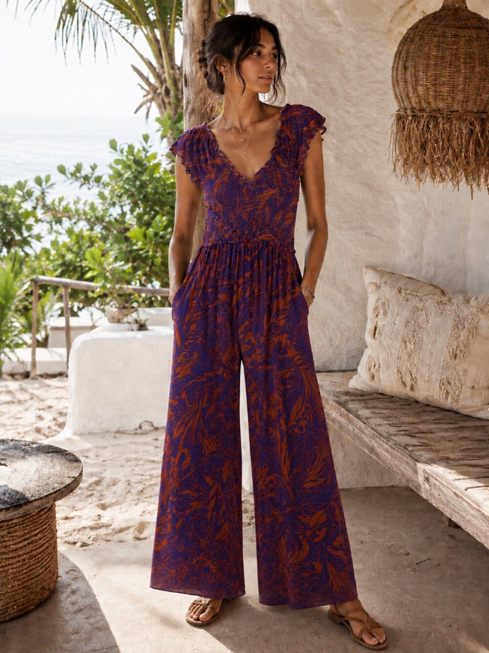PATRONS OF PEACE Purple Orange Tropical Wide Leg Jumpsuit Boho Resort Vacation S